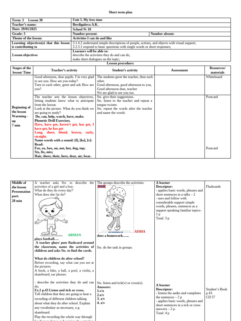 Grade 3 Lesson Plan: Free Time Activities | PDF | Education Theory ...