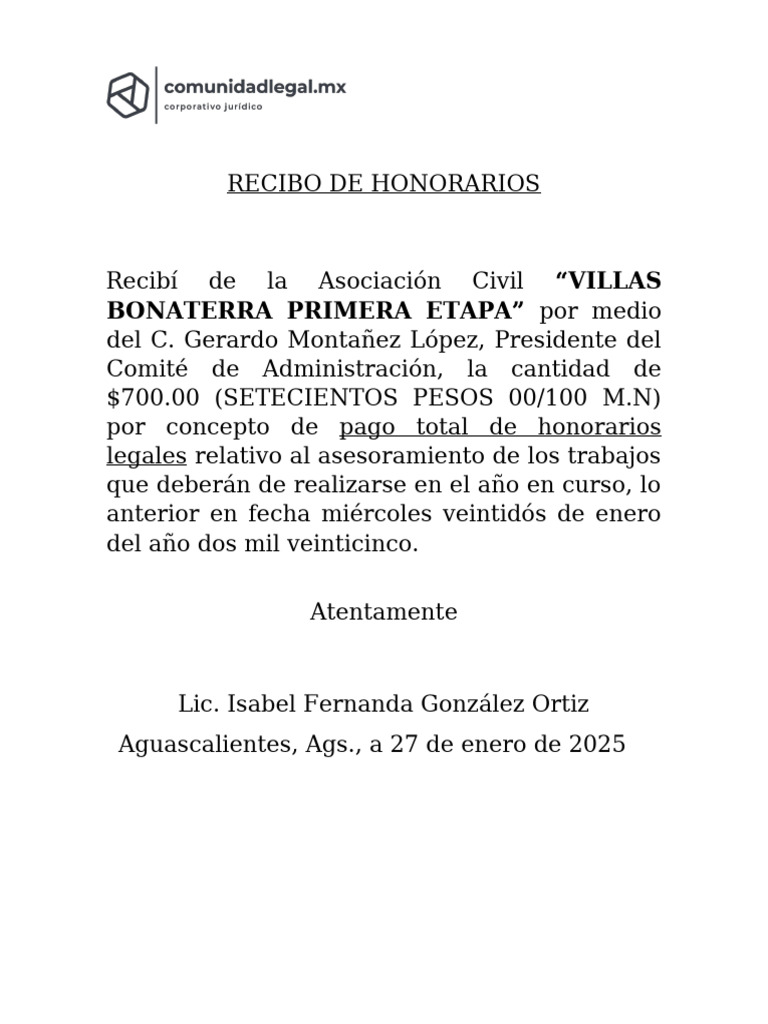 Recibo de Honorarios Legales 2025 | PDF