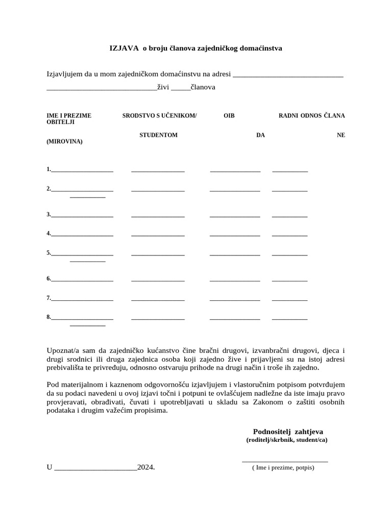 Izjava o Broju Članova Zajedničkog Domaćinstva | PDF