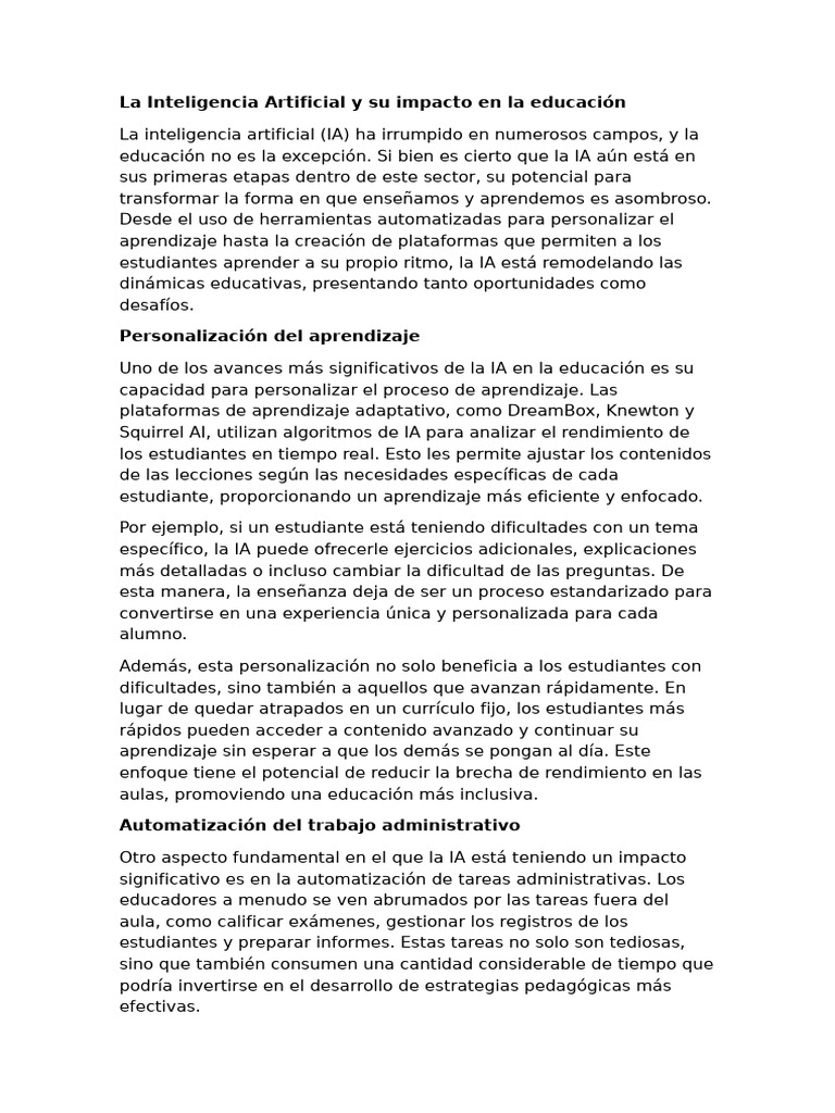 La Inteligencia Artificial y Su Impacto en La Educación | PDF ...