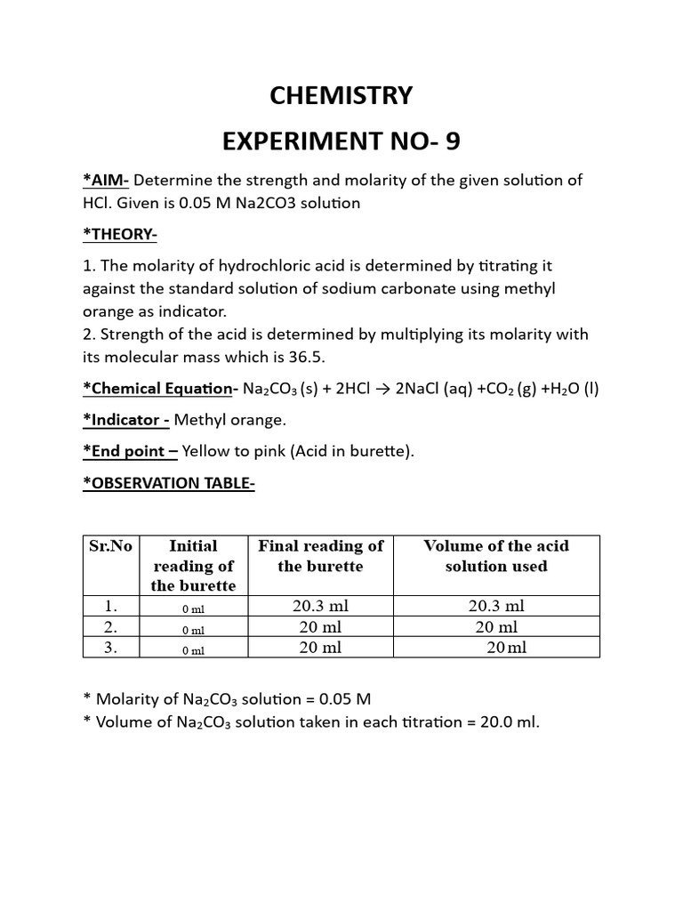 Experiment no 9 determine the strength and molarity of the given