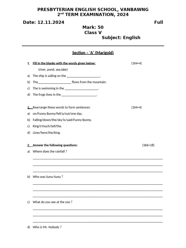 Class V English Exam Paper 2024 | PDF | Adjective | Linguistic Morphology