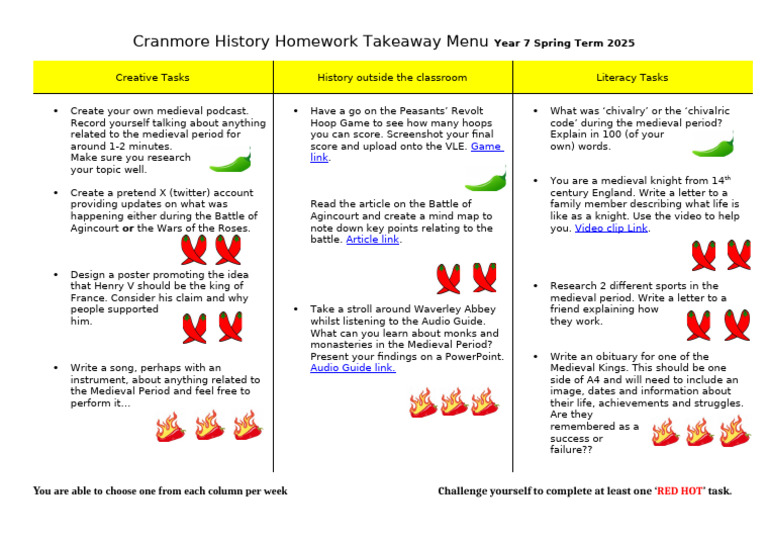 Year 7 Medieval History Homework Menu | PDF | Chivalry | Middle Ages
