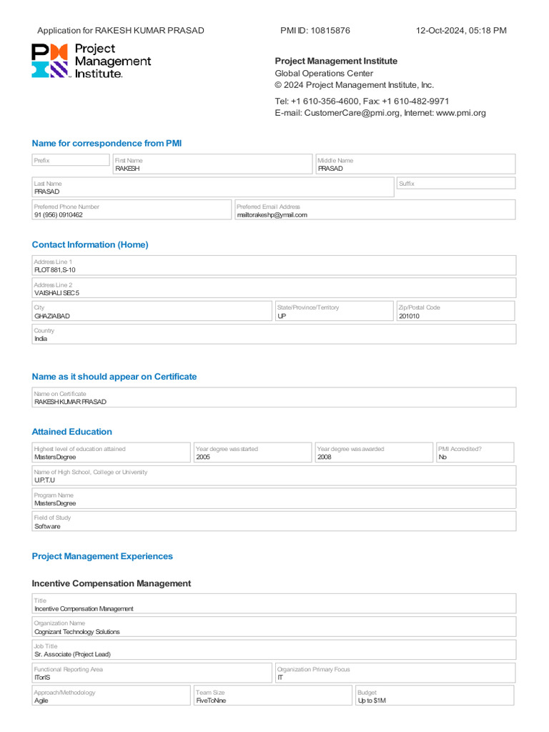 PMI Application for Rakesh Prasad | PDF | Agile Software Development ...