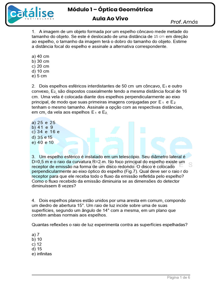 Questões sobre Espelhos e Óptica Geométrica | PDF | Espelho | Ótica