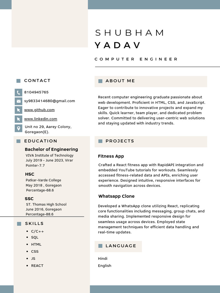 Web Developer Resume: Shubham Patkar | PDF