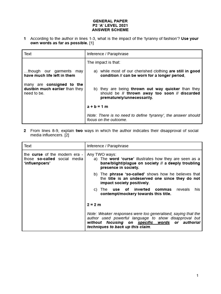 A-Level 2021 General Paper Answer Guide | PDF | Waste Management | Fashion