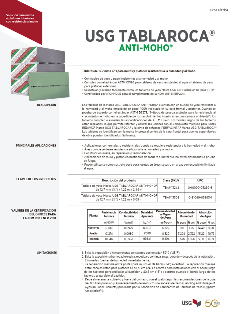 Muro de Tablaroca Antihongo | PDF | Materiales