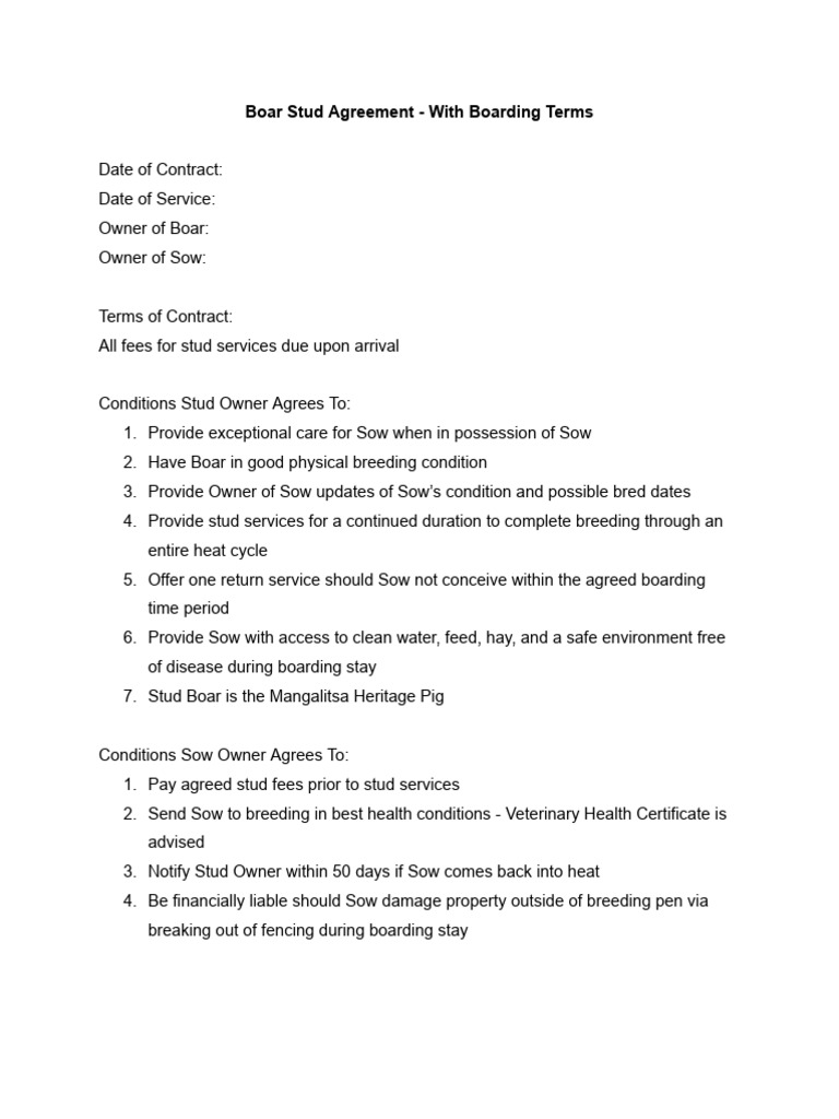 Boar Stud Agreement with Boarding Terms | PDF