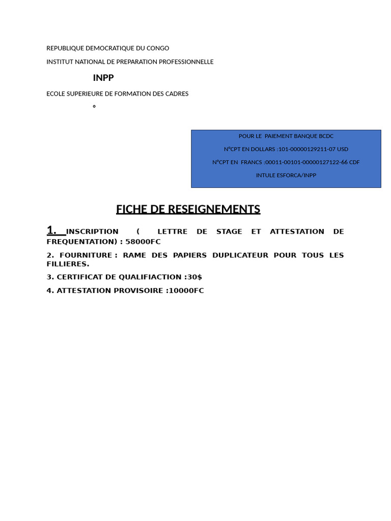 Inscription et frais INPP RDC | PDF