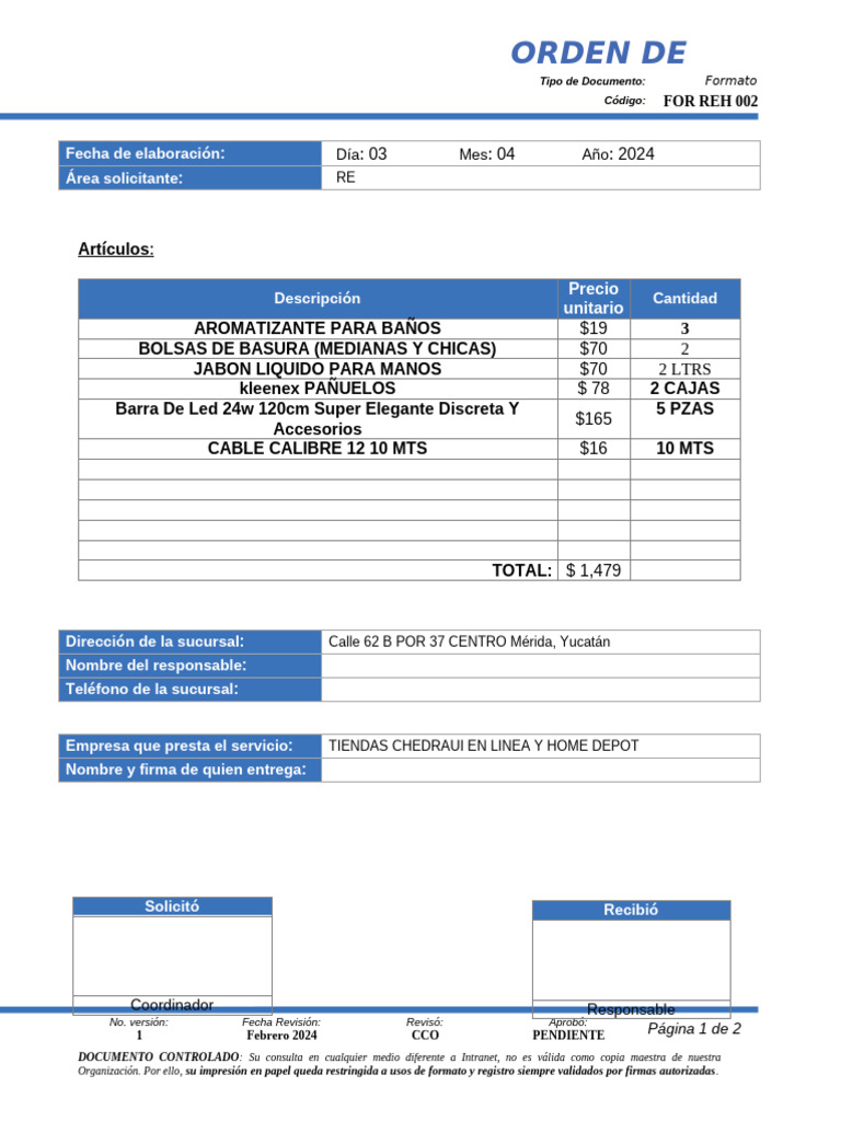FOR REH 016 Orden de Compra Insumos | PDF