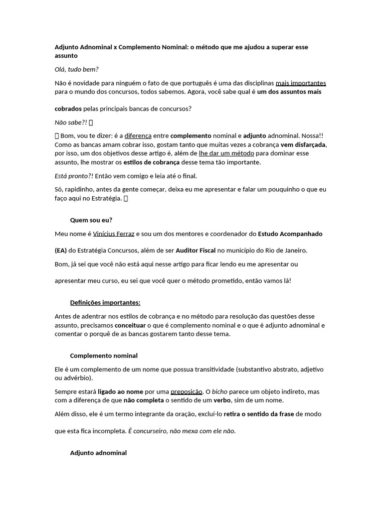 Diferença entre Adjunto e Complemento | PDF | Substantivo | Pronome