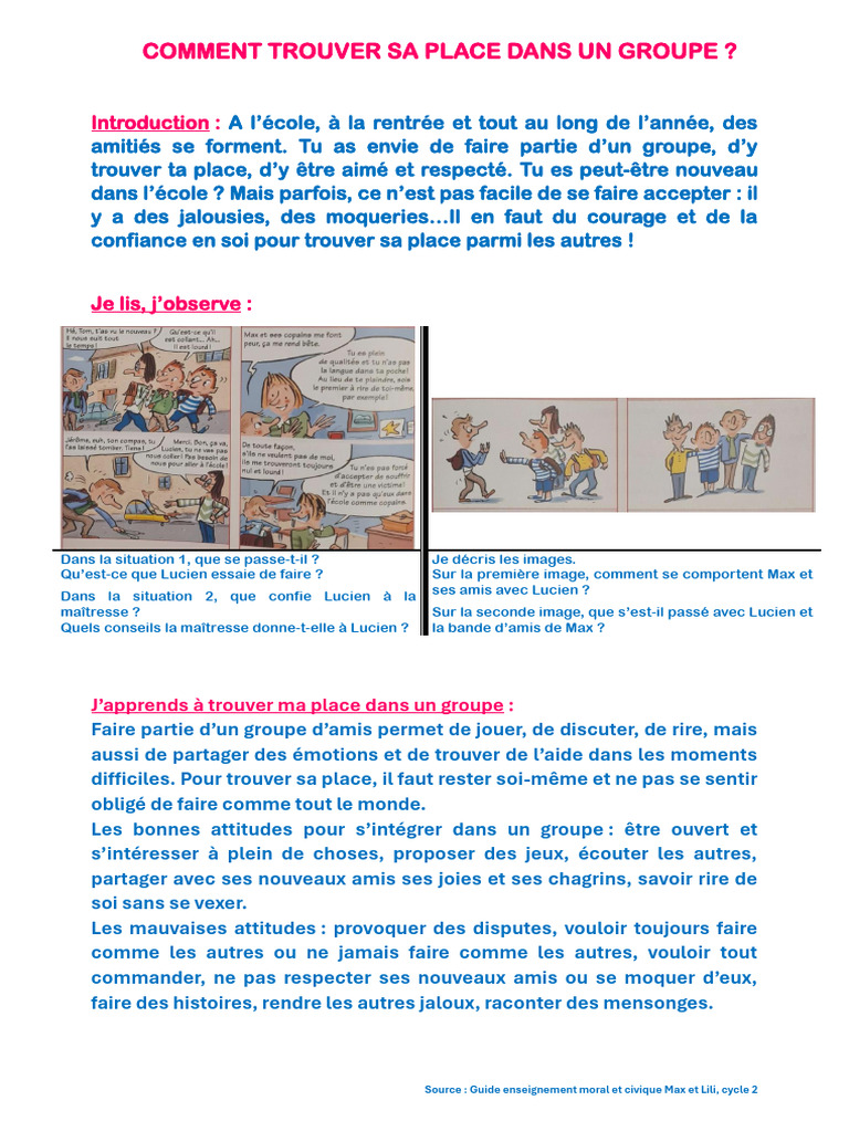 Trouver sa place dans un groupe scolaire | PDF