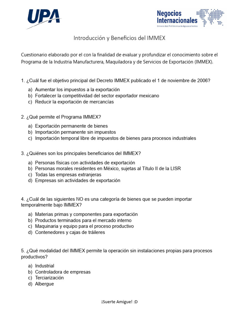 Beneficios y Cuestionario sobre IMMEX | PDF