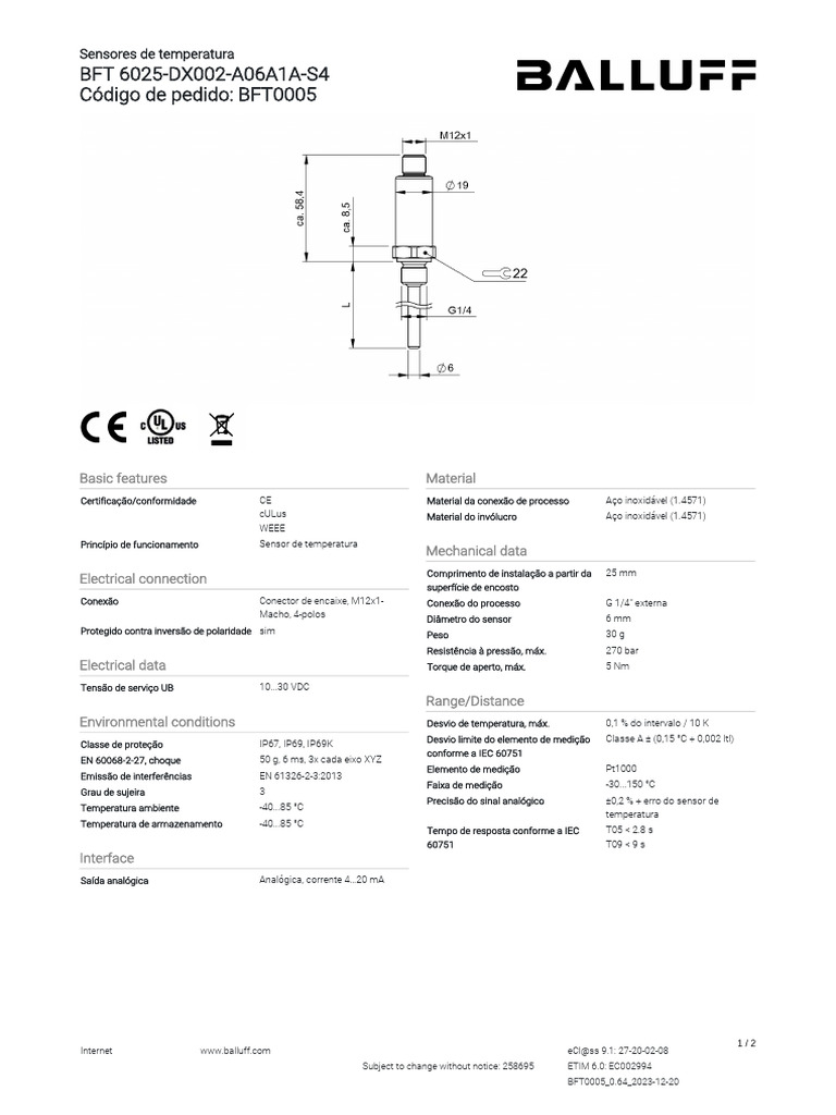 Sensor de Temperatura BFT 6025-DX002 | PDF