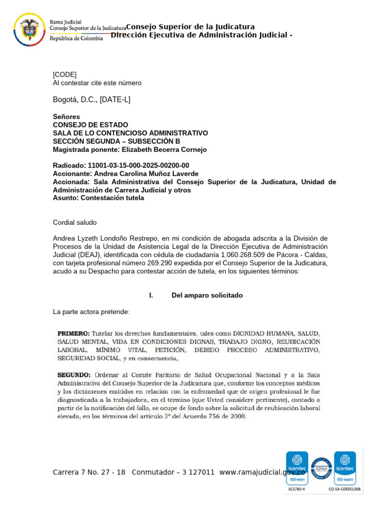 Contestación Tutela Rad. 11001-03-15-000-2025-00200-00 - E379 | PDF | Juez