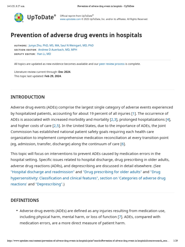 Lect 4. Prevention of Adverse Drug Events in Hospitals - UpToDate | PDF ...
