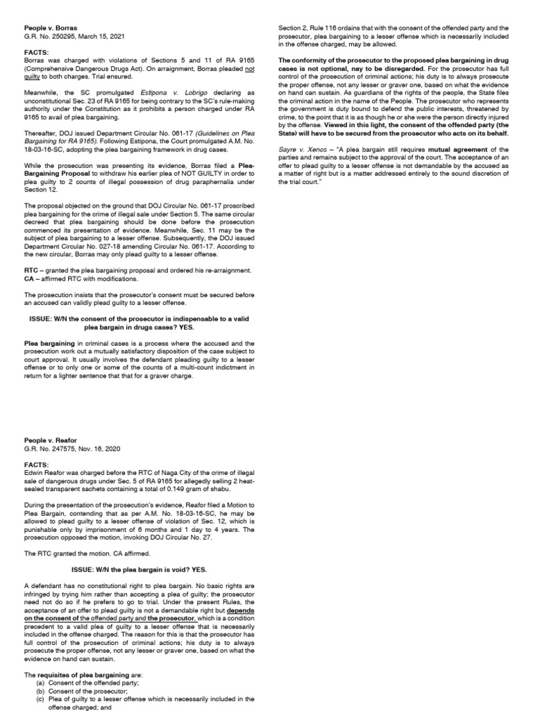 Crimpro Rule 116 Digests On Plea Bargaining | PDF | Plea | Plea Bargain