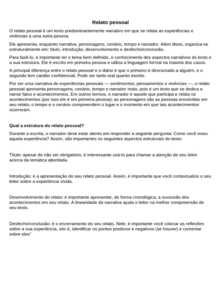 Estrutura do Relato Pessoal Narrativo | PDF