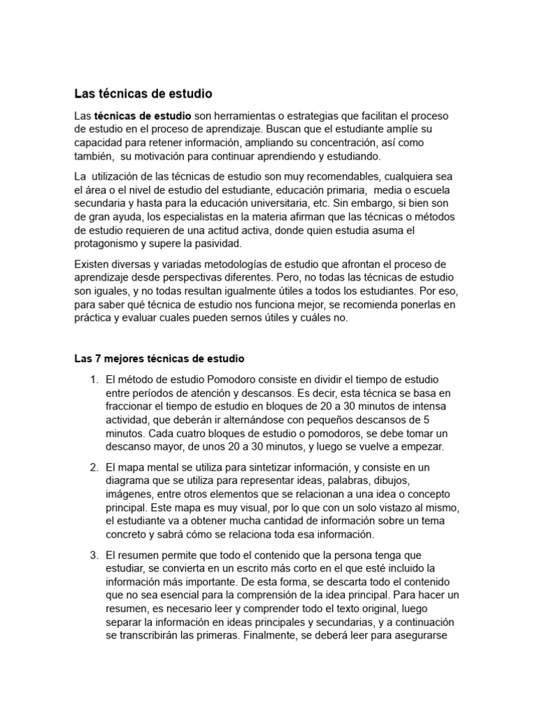 7 Tecnicas de Estudio | PDF | Habilidades de estudio | Aprendizaje