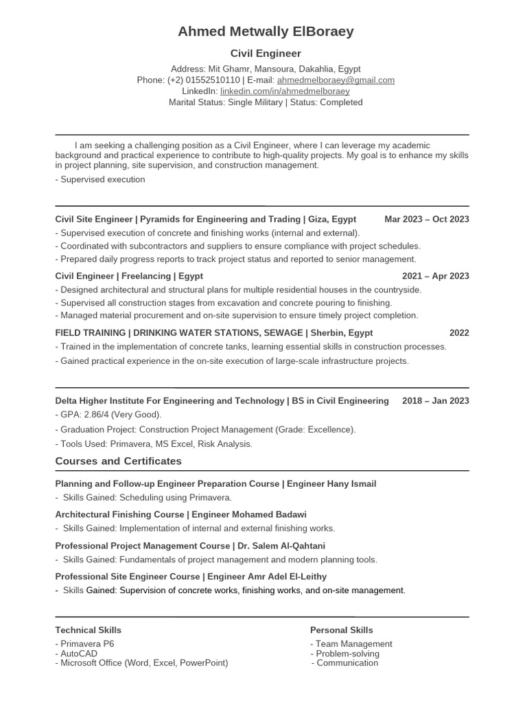 Civil Engineer Ahmed Metwally ElBoraey | PDF | Business | Engineering