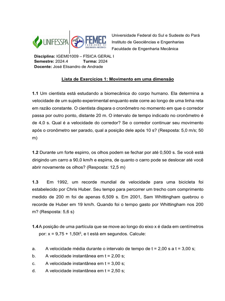 Exercícios de Movimento em Física Geral I | PDF | Velocidade ...