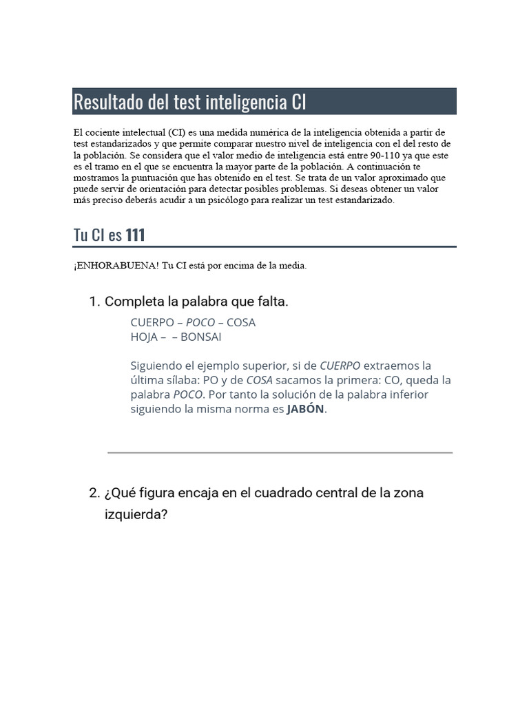 Test CI: Resultados y Soluciones | PDF | Cociente de inteligencia ...