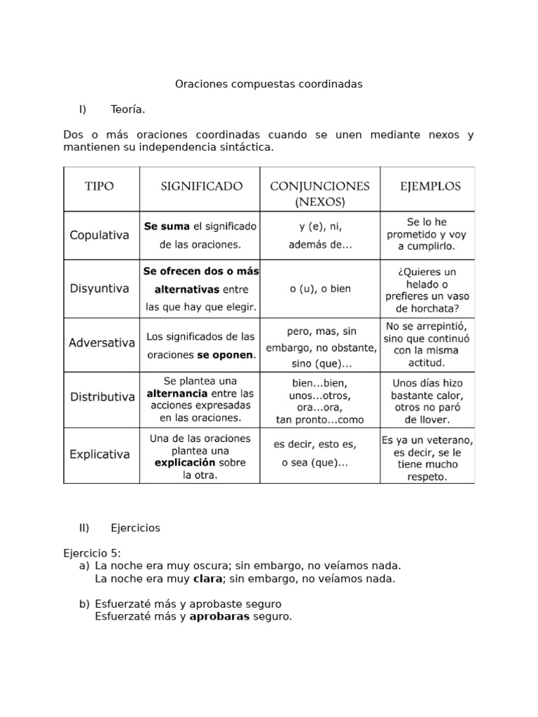 Oraciones Compuestas Coordinadas: Teoría y Ejercicios | PDF