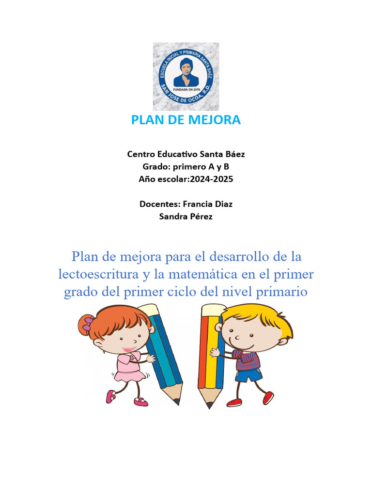 Plan de Mejora de 1ro de Primaria SANTA BAEZ | PDF | Escritura | Cognición