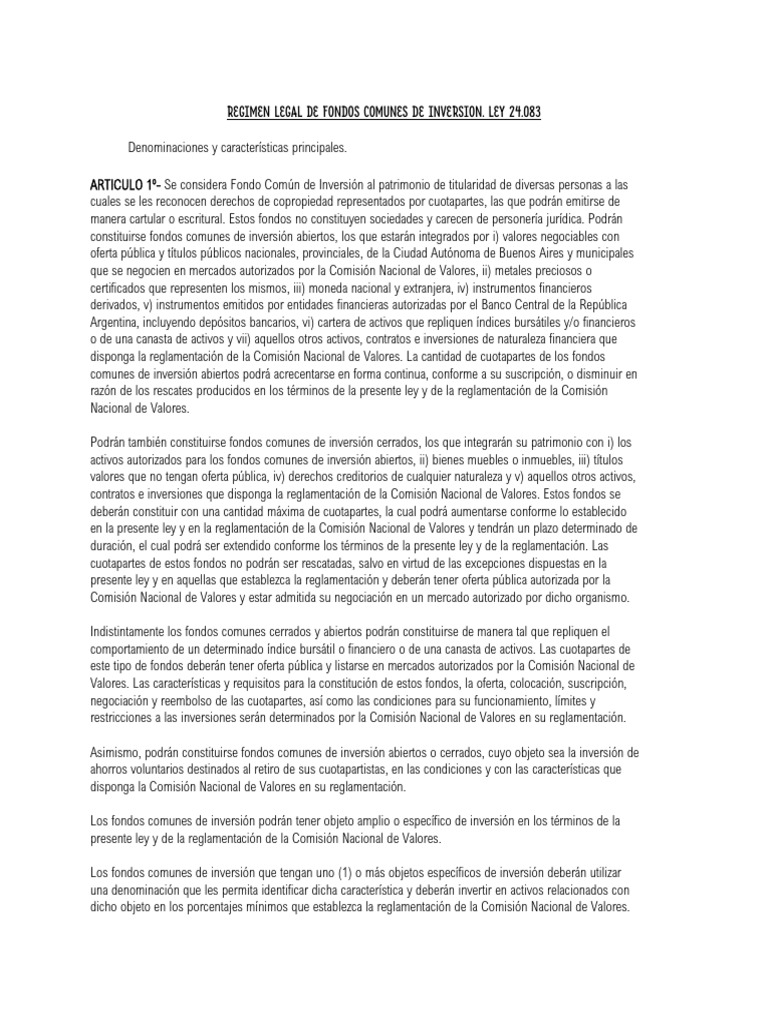 Régimen Legal de Fondos Comunes de Inversión | PDF | Fondo de inversión ...