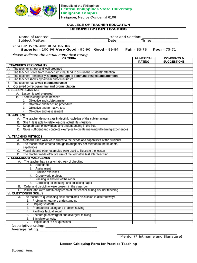 Demo Teaching Observation Sheet | PDF | Teachers | Mentorship