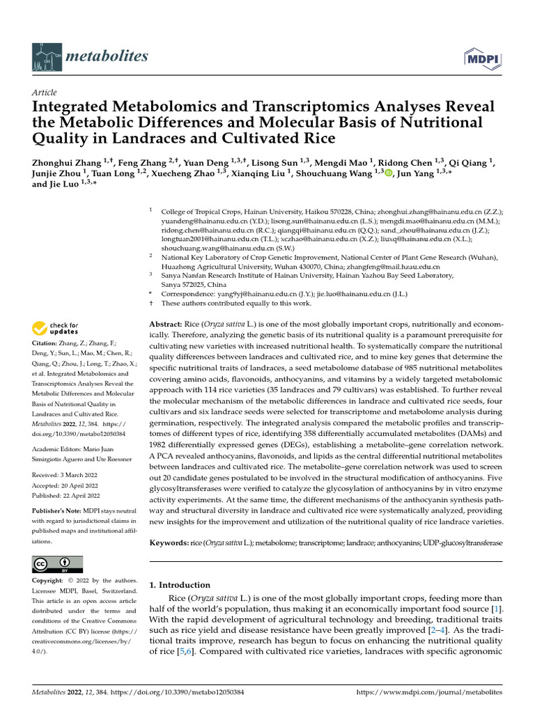 Metabolites 12 00384 v2 | PDF | Metabolomics | Plant Breeding