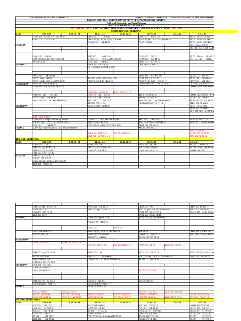 Provisional Foss Sem 1 2024-2025 Regular Teaching Timetable | PDF