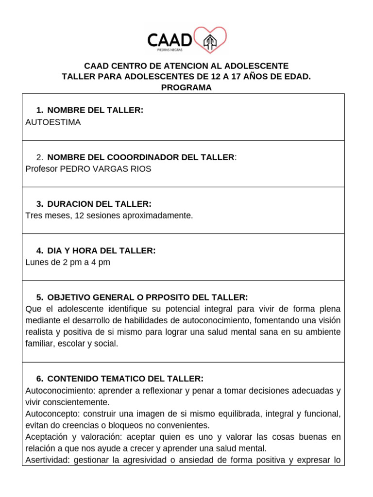 Taller de Autoestima para Adolescentes | PDF | Psicología Social ...