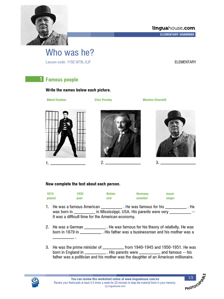 Famous People: Elementary Grammar Worksheet | PDF | Learning ...