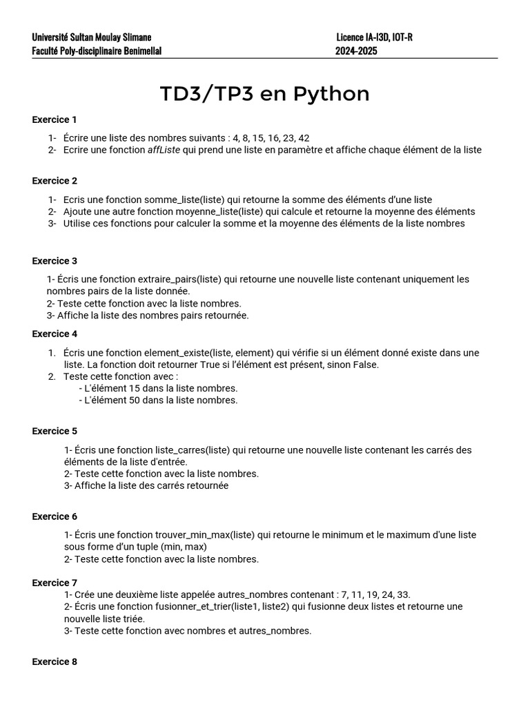 Exercices Python pour Licence IA-I3D | PDF | Programmation informatique