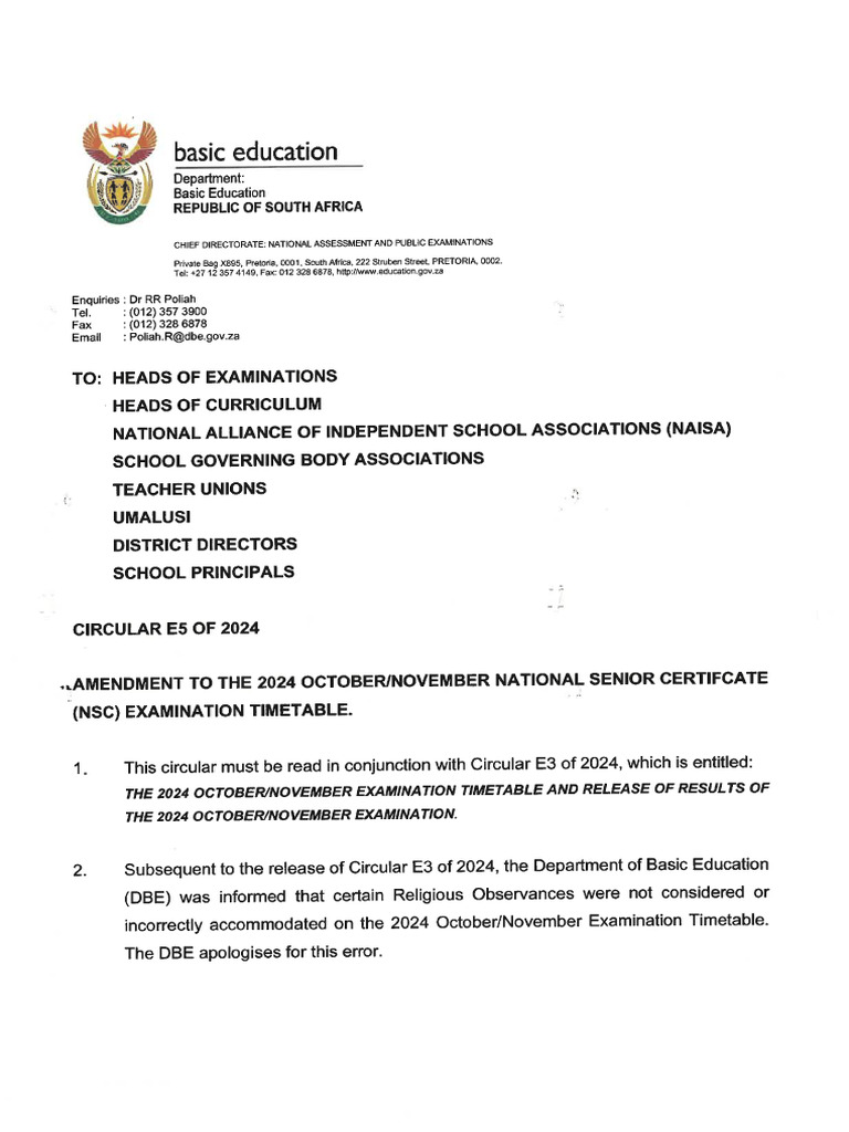 Circular e5 of 2024 amendment to the 2025 oct nov nsc examination