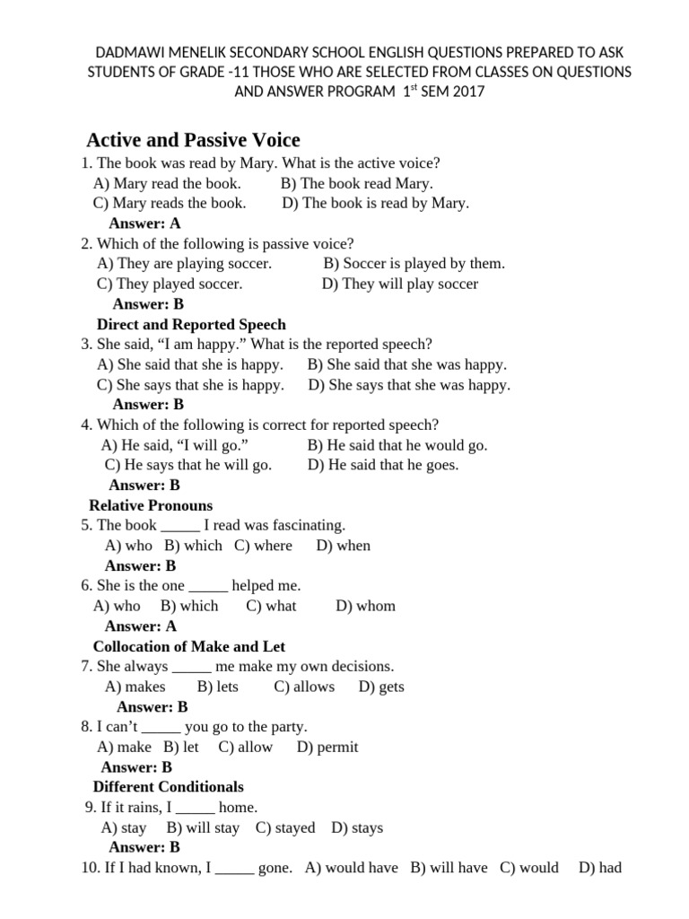 Grade 11 English Exam Questions | PDF | Linguistics | Grammar