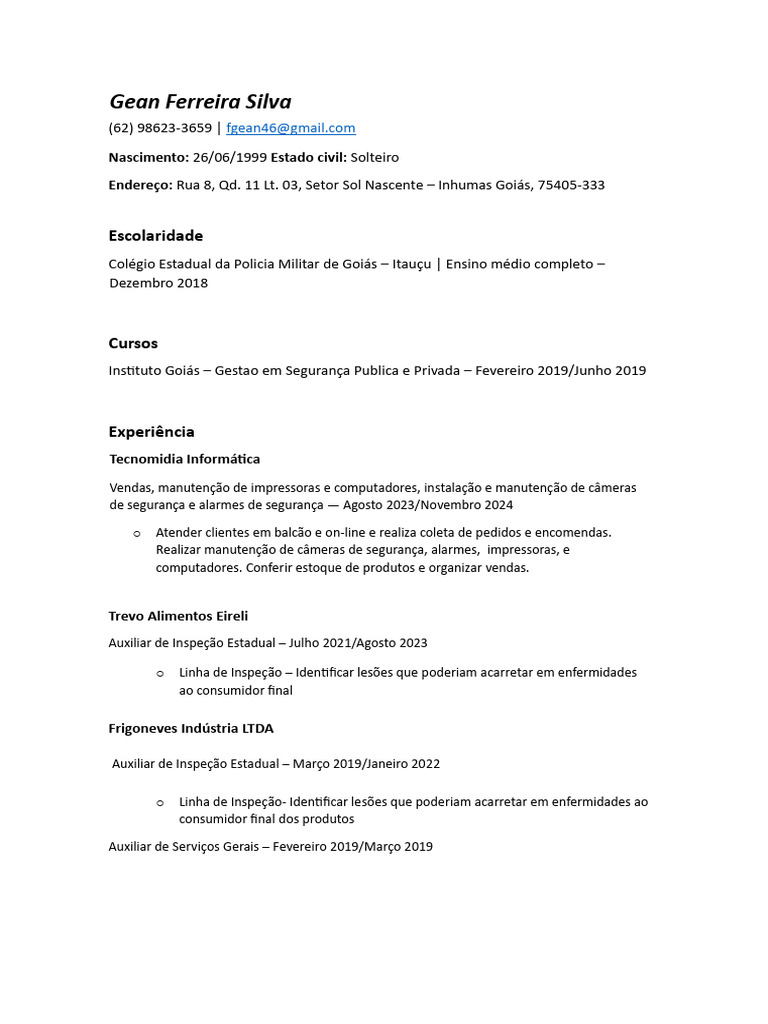 Currículo de Gean Ferreira Silva | PDF