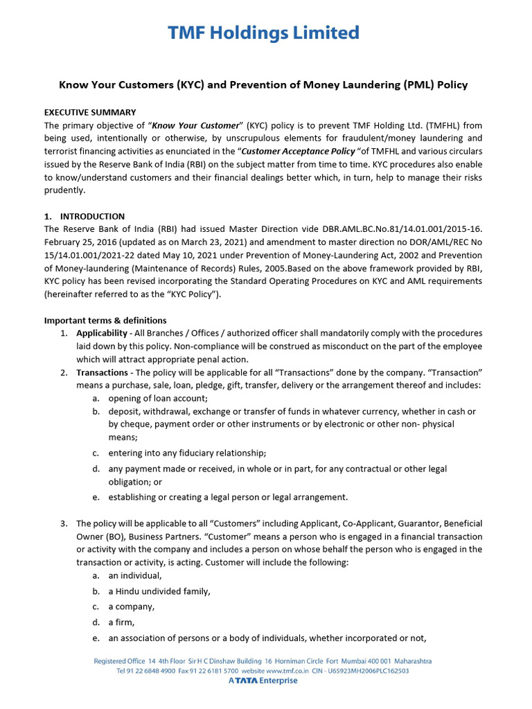 KYC and PML Policy Overview | PDF | Regulatory Compliance | Identity ...