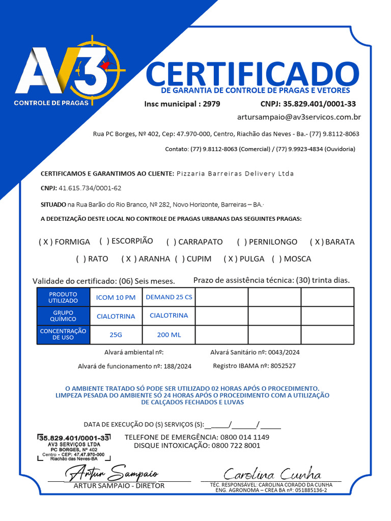 Certificado de Garantia de Dedetização | PDF | Pagamentos | Impostos