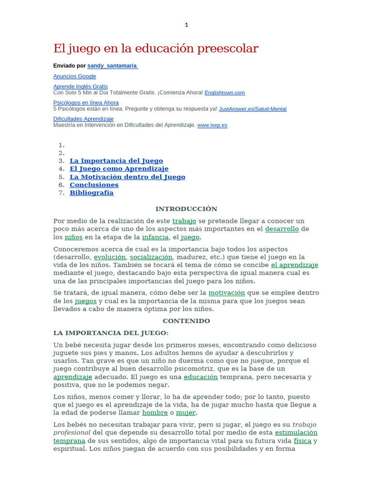 El Juego en la Educación Preescolar | PDF | Aprendizaje | Educación de ...