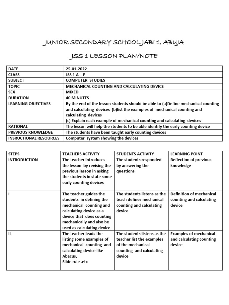 JSS 1 Computer Studies Lesson Plan | PDF | Teachers | Learning
