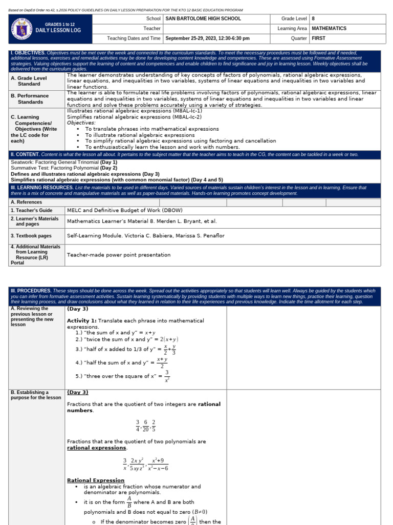 Grade 8 Math Daily Lesson Plan | PDF | Factorization | Equations