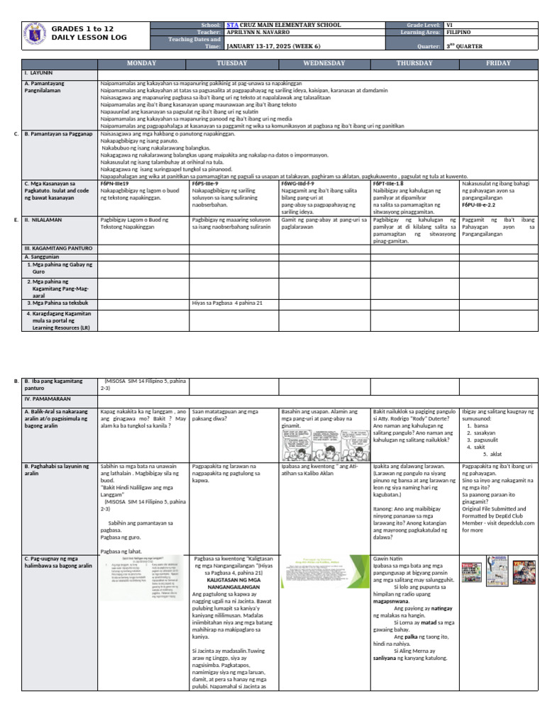 DLL Filipino 6 q3 w6 | PDF