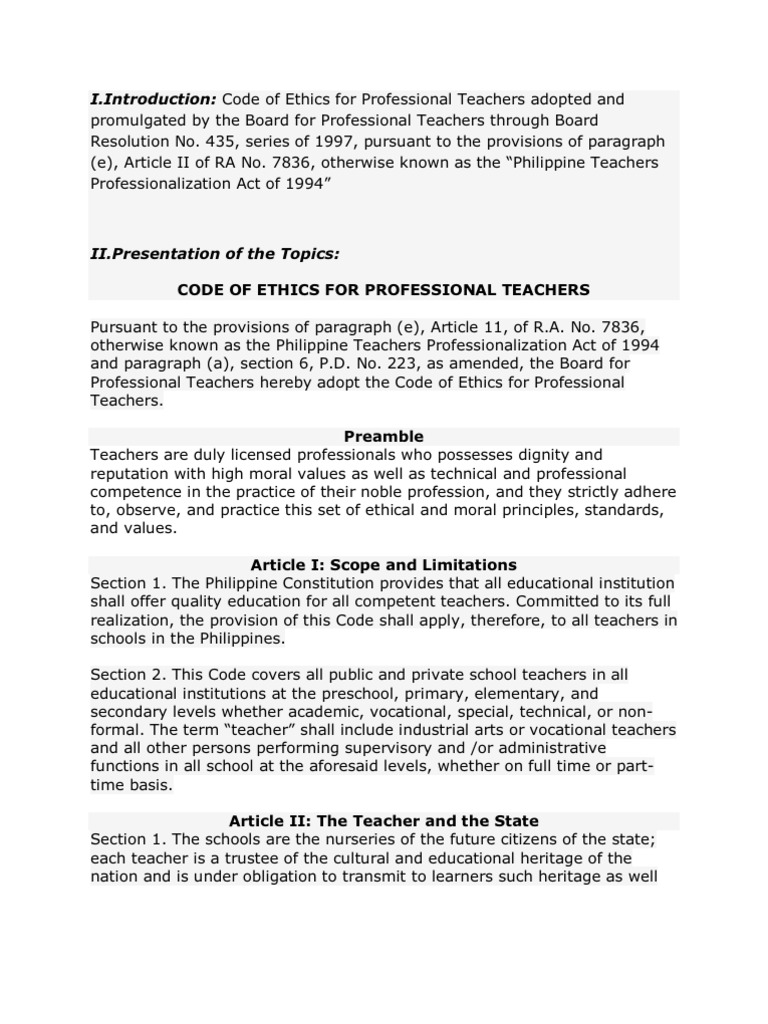 Code Of Ethics Profession Teachers