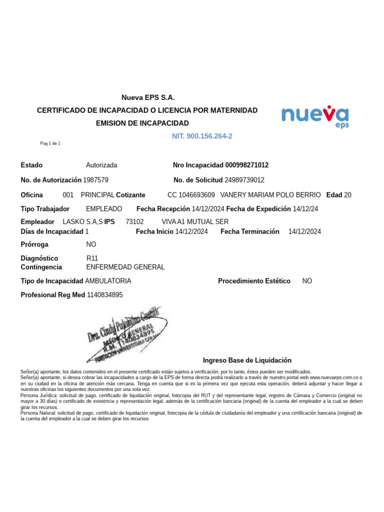 Incapacidad Medica Totalmente Verificable de Compensar1 | PDF
