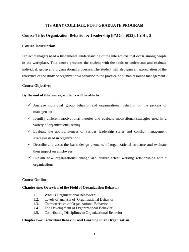 Organizational Behavior Course Outline | PDF | Organizational Behavior ...