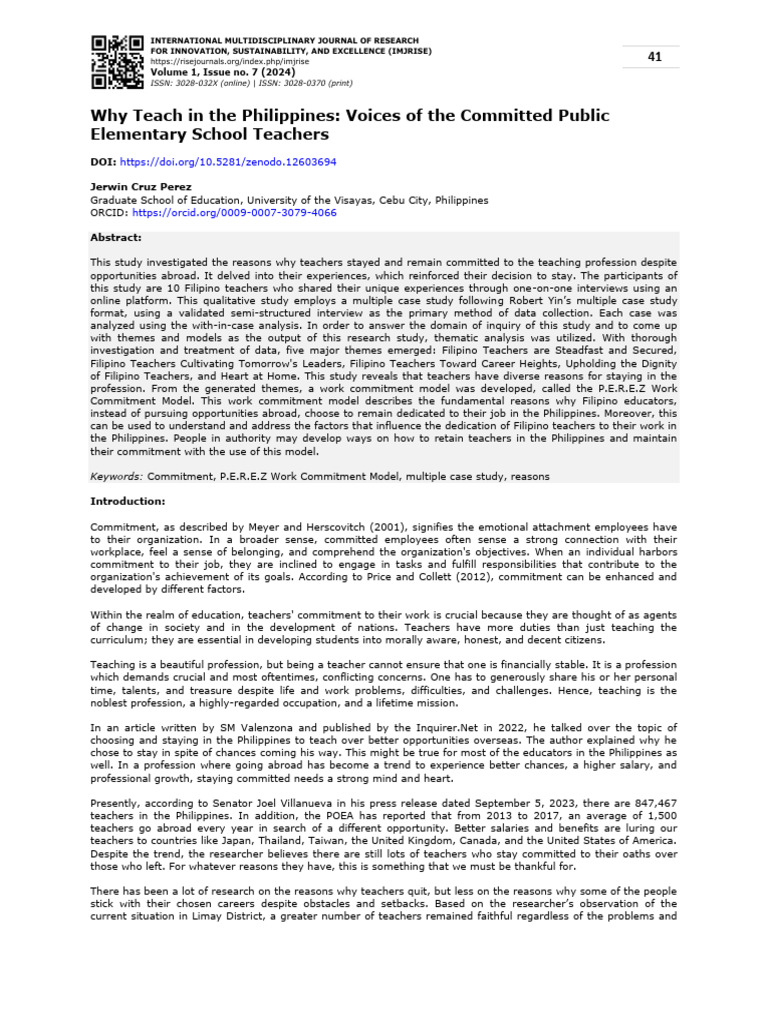 Reasons for Teacher Commitment in the Philippines | PDF | Employee ...