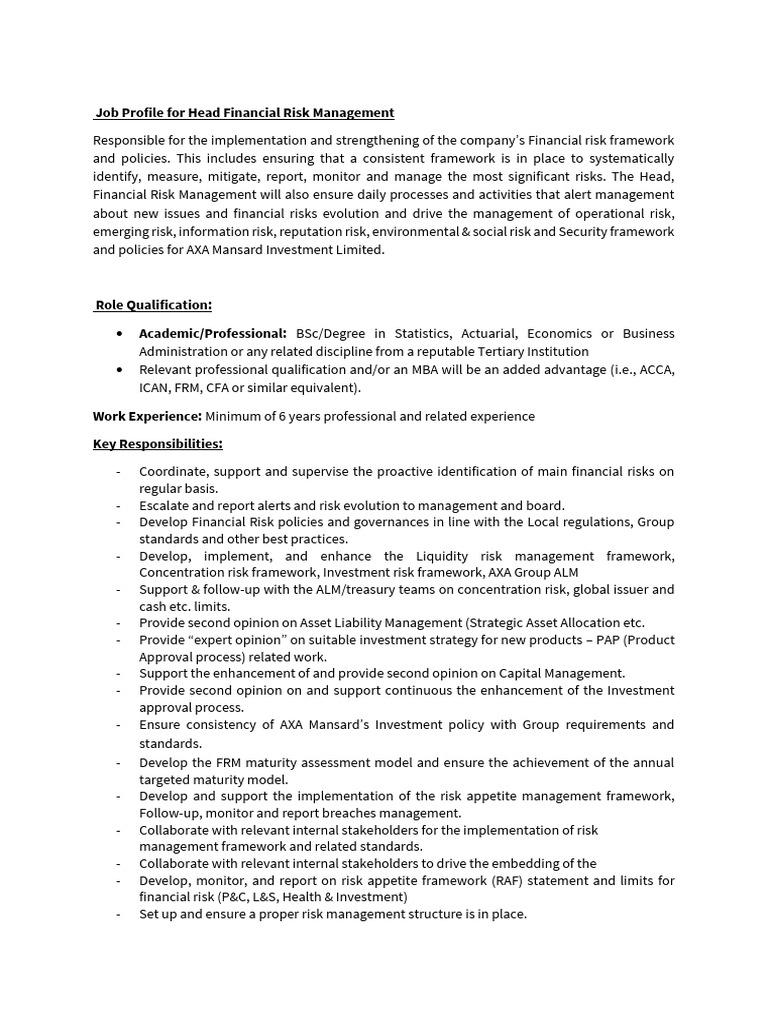 JD for Risk Mangement Head | PDF | Risk Management | Risk